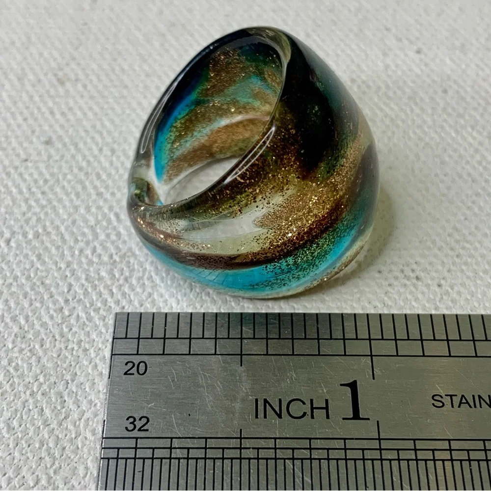Vintage Murano Style Solid Glass Hand Blown Blue Gold Foil Artisan Ring Size 6